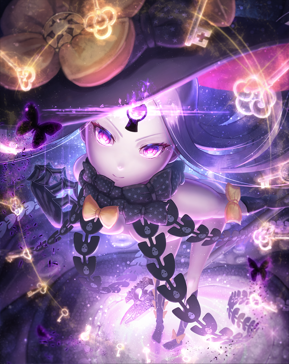 1girl abigail_williams_(fate/grand_order) black_bow black_legwear bow bow_legwear breasts bug butterfly fate/grand_order fate_(series) glowing glowing_eye hat hat_bow highres insect key keyhole long_hair looking_at_viewer nekoneko_jun2_123 orange_bow pixiv_fate/grand_order_contest_2 revealing_clothes skull_print small_breasts solo star star_print tentacle thigh-highs third_eye very_long_hair violet_eyes