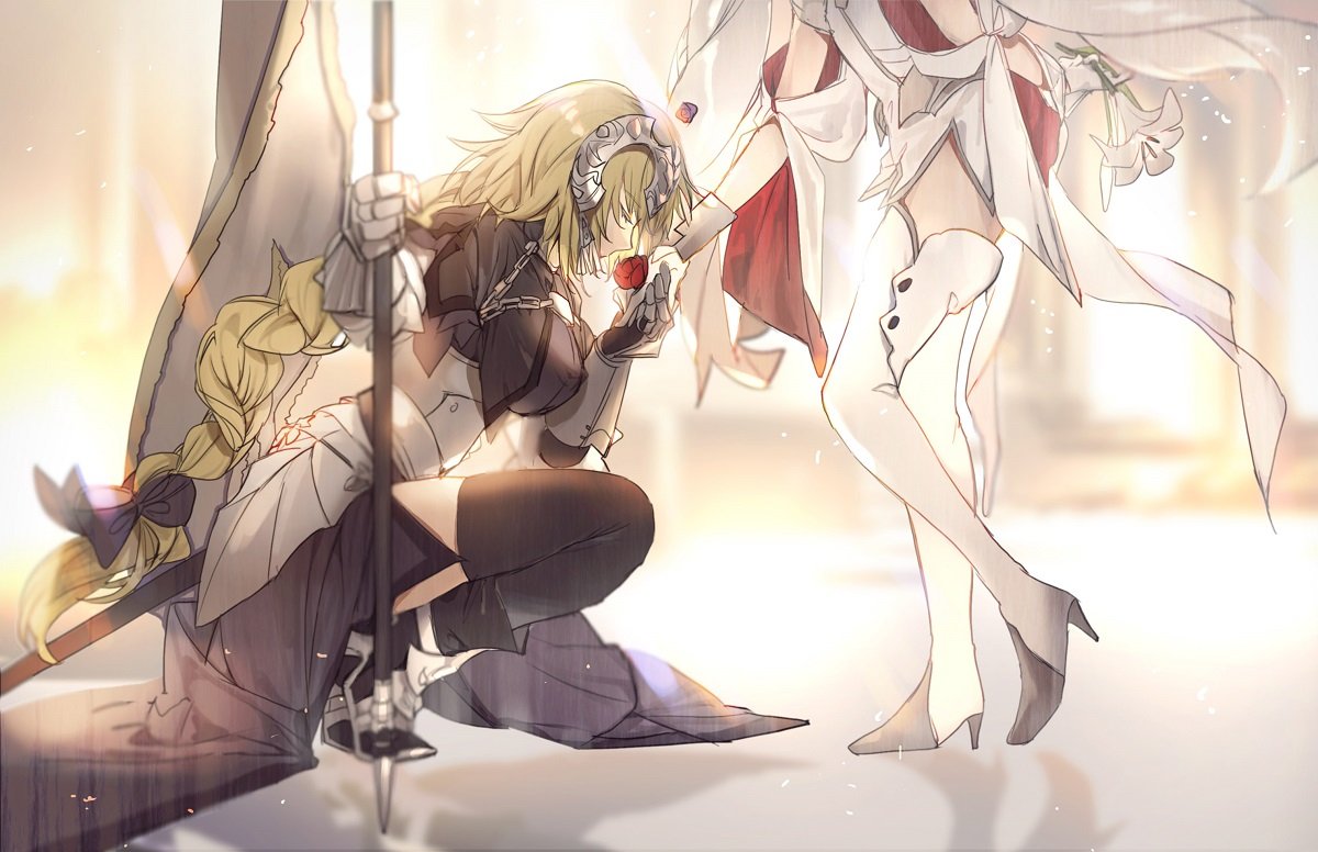 2girls armor armored_boots armored_dress blonde_hair blue_dress boots bow braid capelet chains closed_eyes collar dress eyebrows_visible_through_hair fate/apocrypha fate/grand_order fate_(series) faulds flag floor flower from_side fur_trim gauntlets gloves hair_bow head_down headpiece high_heel_boots high_heels holding holding_another's_arm holding_flag jeanne_d'arc_(fate) jeanne_d'arc_(fate)_(all) lily_(flower) long_braid long_hair marie_antoinette_(fate/grand_order) multiple_girls no-kan plackart rose single_braid squatting standard_bearer thigh-highs thighs very_long_hair white_dress white_gloves