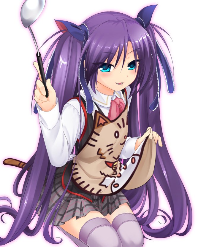 1girl apron black_vest blue_eyes blue_ribbon bow full_body hair_ornament hair_ribbon ladle little_busters!! long_hair looking_at_viewer open_mouth otou_(otou_san) pink_bow plaid plaid_skirt purple_hair purple_legwear ribbon sasasegawa_sasami school_uniform seiza simple_background sitting skirt solo thigh-highs twintails vest white_hair