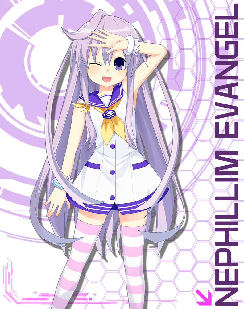 dress gabriel_evangel long_hair nepgear neptunia_(series) non-web_source one_eye_closed purple_eyes purple_hair solo striped striped_legwear thighhighs violet_eyes