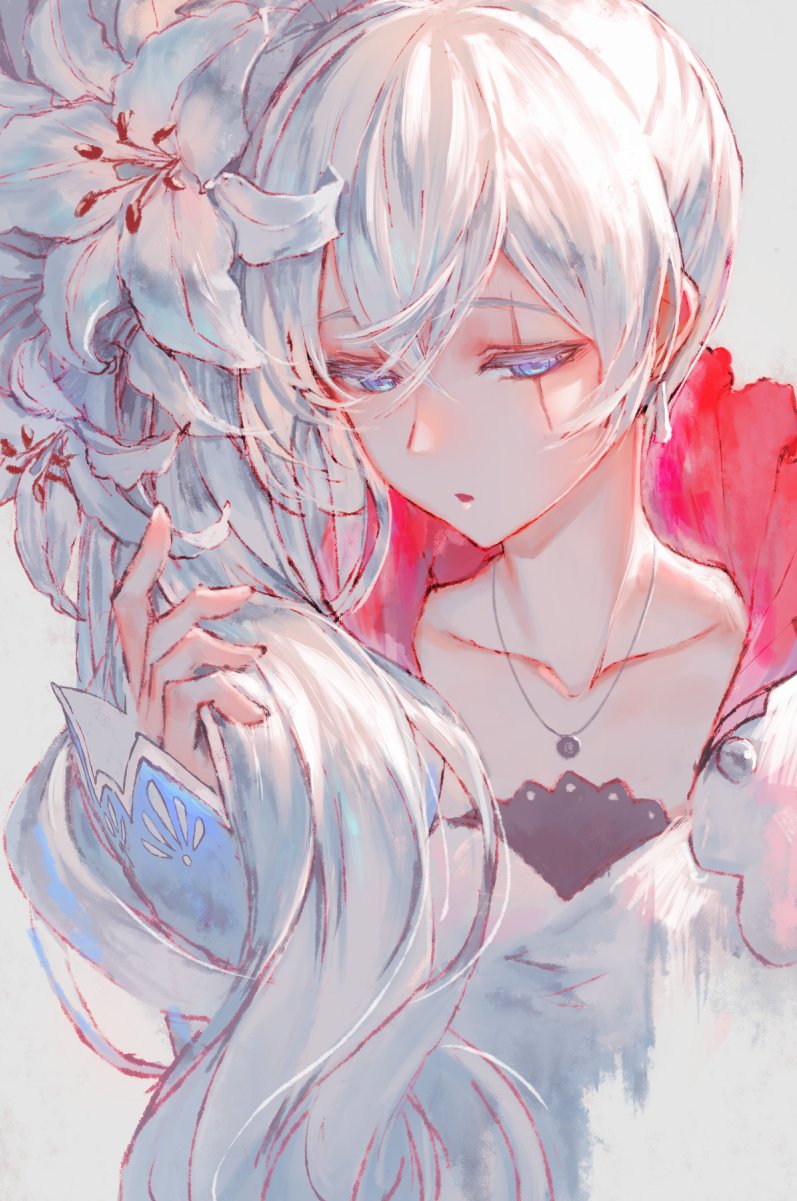 1girl blue_eyes earrings flower highres holding holding_hair izumi_sai jewelry long_hair necklace rwby scar scar_across_eye weiss_schnee white_hair