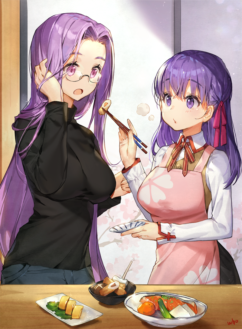 2girls apron chopsticks commentary commentary_request emiya-san_chi_no_kyou_no_gohan fate/stay_night fate_(series) food glasses hair_ribbon homurahara_academy_uniform long_hair matou_sakura multiple_girls pink_apron plate purple_hair ribbon rider school_uniform sweater turtleneck turtleneck_sweater violet_eyes whoisshe