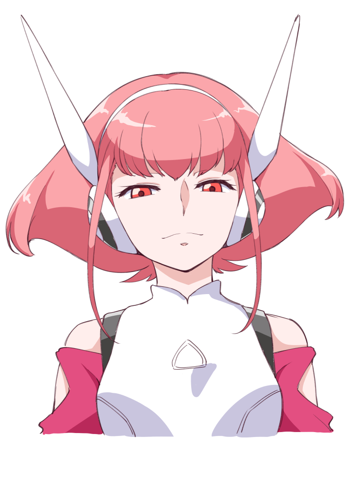 1girl barara_peol bare_shoulders gundam gundam_g_no_reconguista headgear pink_hair red_eyes short_hair shouji_nigou sidelocks simple_background smirk solo white_background