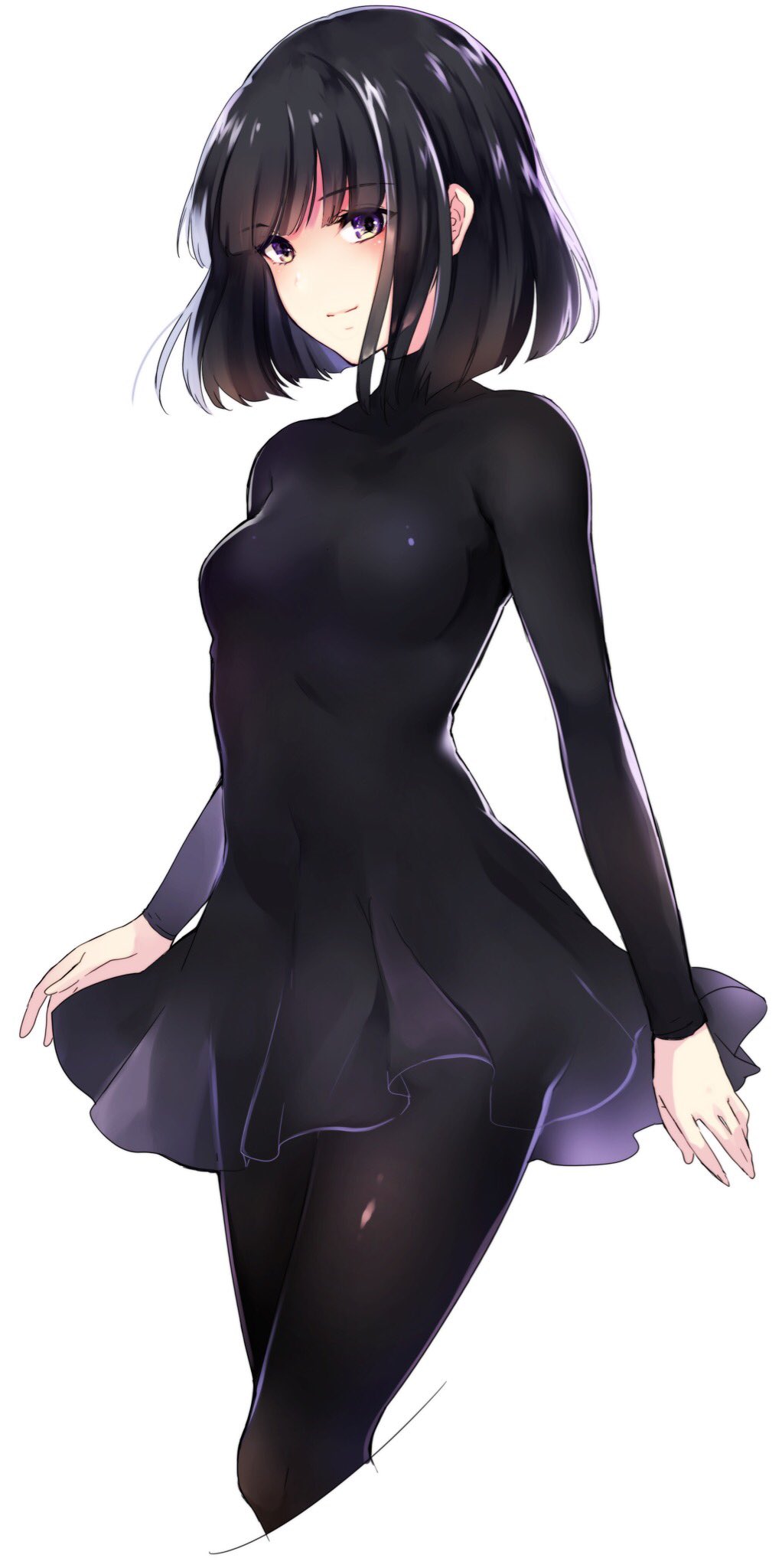 1girl black_dress black_hair black_legwear dress highres long_sleeves looking_at_viewer original pantyhose short_hair skin_tight tomoe_hotaru white_background yellow_eyes yumari_nakura