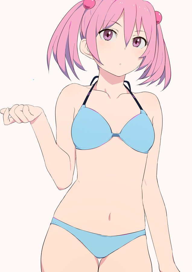 1girl bikini collarbone commentary_request kantai_collection low_twintails navel pink_eyes pink_hair sazanami_(kantai_collection) short_hair sohin solo swimsuit twintails