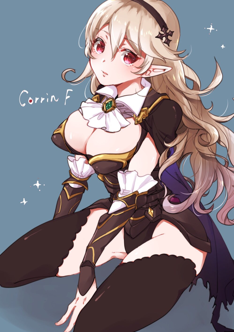 1girl arm_guards armor armored_dress between_legs black_dress black_leotard breasts cape character_name cleavage cleavage_cutout commentary dress elbow_sleeve emerald eyebrows_visible_through_hair female_my_unit_(fire_emblem_if) fire_emblem fire_emblem_heroes frills gem hairband hand_between_legs highres jewelry large_breasts leotard long_hair my_unit_(fire_emblem_if) nekolico open_mouth pointy_ears red_eyes seiza silver_hair sitting thigh-highs thighs white_neckwear