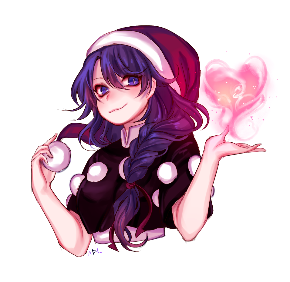 1girl :3 black_capelet blue_eyes blue_hair braid capelet commentary_request cropped_torso doremy_sweet dream_soul eyebrows_visible_through_hair hair_between_eyes hair_ribbon hands_up hat heart long_hair looking_at_viewer nightcap pom_pom_(clothes) red_ribbon ribbon santa_hat shan side_braid simple_background single_braid smile solo touhou upper_body white_background