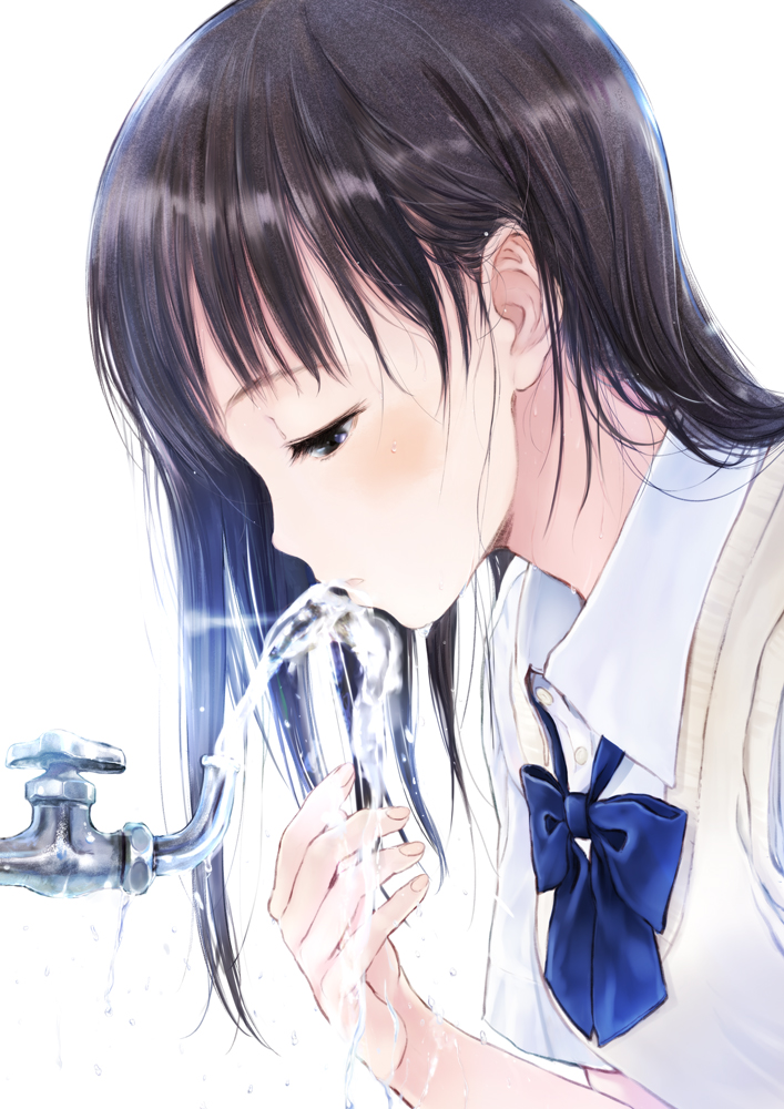 1girl bangs black_eyes black_hair blush commentary_request drinking drinking_fountain eyebrows_visible_through_hair fujita_hidetoshi leaning_forward long_hair open_mouth original school_uniform short_sleeves simple_background solo sweater_vest upper_body water white_background