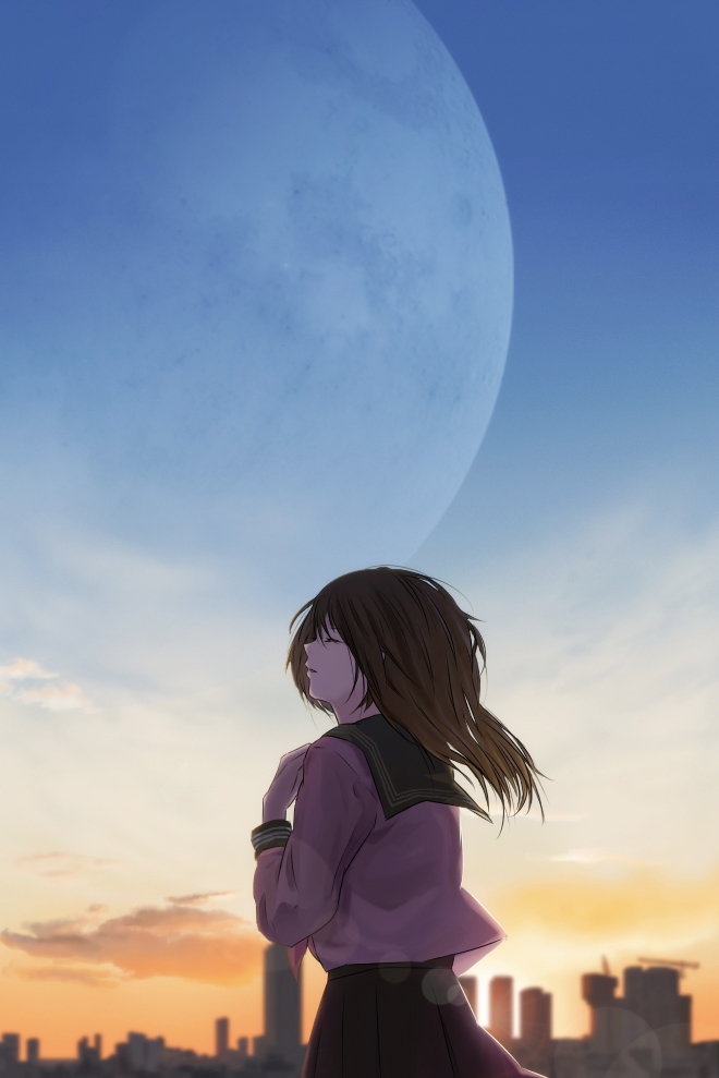 1girl blurry brown_hair building cityscape closed_eyes clouds crane depth_of_field expressionless facing_away facing_to_the_side full_moon gradient_sky hair_blowing hand_on_own_chest lens_flare long_sleeves medium_hair moon orange_sky original pleated_skirt sailor_collar scenery school_uniform serafuku shirt shiruko_sand skirt sky skyline skyscraper solo sunrise upper_body white_shirt wind