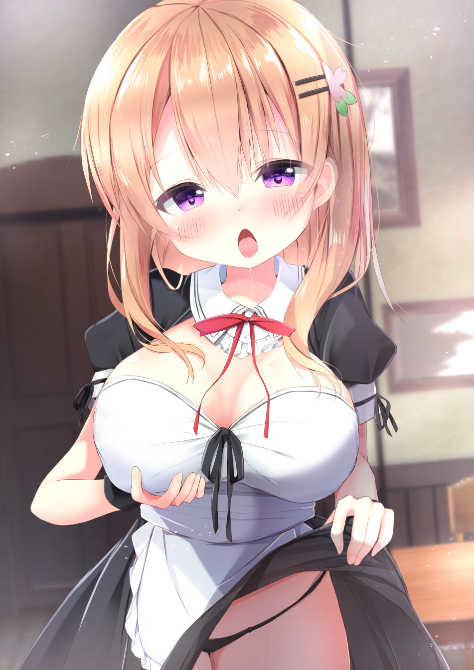 1girl apron bangs black_dress black_panties blurry blurry_background blush breasts chair cleavage commentary_request depth_of_field dress dress_lift eyebrows_visible_through_hair fingernails frilled_apron frills gochuumon_wa_usagi_desu_ka? hair_between_eyes hair_ornament hairclip highres hoto_cocoa indoors kouda_suzu large_breasts lifted_by_self light_brown_hair long_hair looking_at_viewer open_mouth panties picture_frame puffy_short_sleeves puffy_sleeves saliva short_sleeves solo table tongue tongue_out underwear violet_eyes white_apron