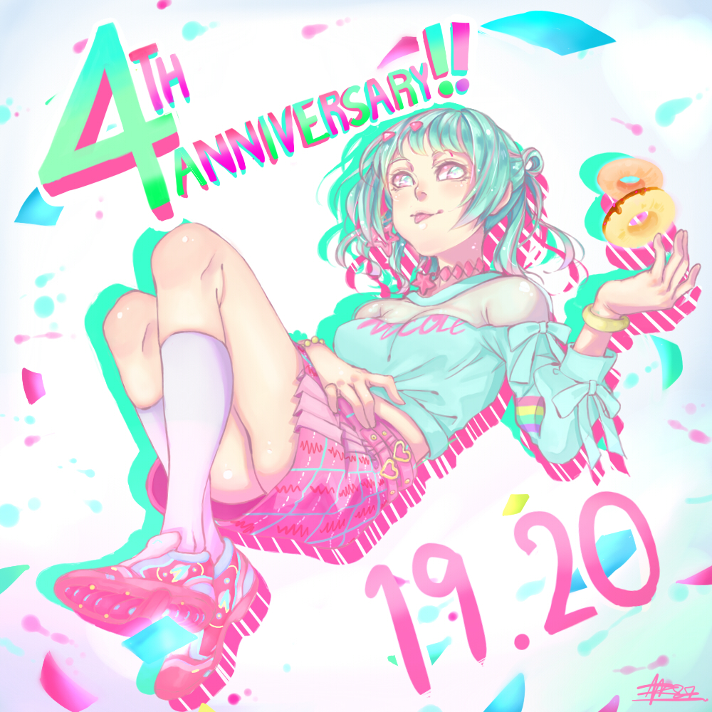 1girl anniversary aqua_hair bead_bracelet beads blue_eyes bracelet character_name clothes_writing crop_top dated doughnut food hand_on_own_stomach hand_up jewelry knees_up legs limited_palette long_hair looking_at_viewer nanasaki_nicole necklace ponytail reclining shoes signature skirt sneakers socks solo star star_necklace tokyo_7th_sisters tongue tongue_out yakimi_27