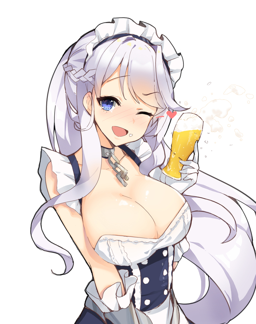 1girl ;d alcohol azur_lane bangs bare_shoulders beer belfast_(azur_lane) blue_dress blue_eyes blush braid breasts broken broken_chain chains cleavage collarbone commentary_request cup dress drinking_glass elbow_gloves eyebrows_visible_through_hair foam gloves holding holding_drinking_glass large_breasts long_hair looking_at_viewer nose_blush one_eye_closed open_mouth silver_hair sleeveless sleeveless_dress smile solo tp_(kido_94) very_long_hair white_gloves