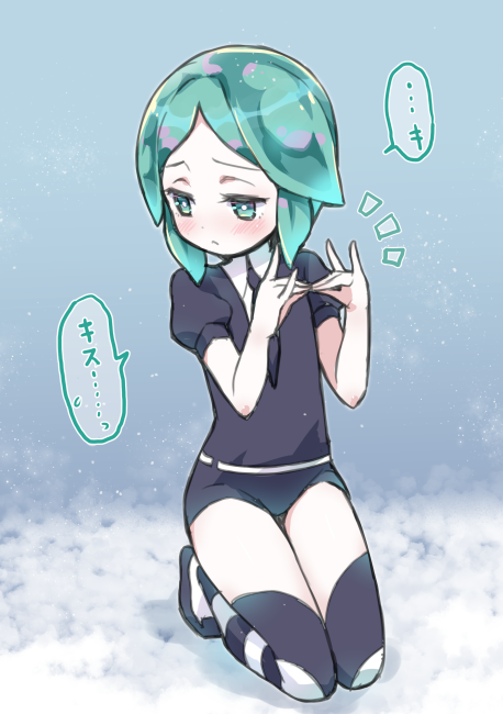 1other amimi androgynous blush gem_uniform_(houseki_no_kuni) green_eyes green_hair houseki_no_kuni kneeling looking_away phosphophyllite short_hair shy snow solo