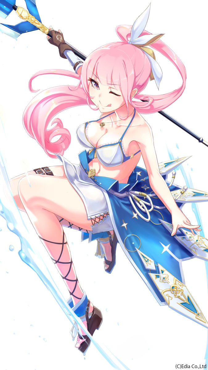 1girl :q bad_id bad_pixiv_id bare_shoulders bra breasts brown_gloves cleavage copyright_request fingerless_gloves gloves highres holding jewelry leg_belt long_hair looking_at_viewer loup necklace official_art pink_eyes pink_hair ponytail sandals simple_background single_glove smile solo staff tongue tongue_out underwear watermark white_background white_bra