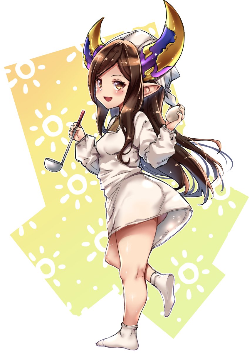 1girl arulumaya black_hair brown_hair egg granblue_fantasy harvin hat highres ladle long_hair mole mole_under_eye mushi024 pointy_ears smile smock socks white_legwear