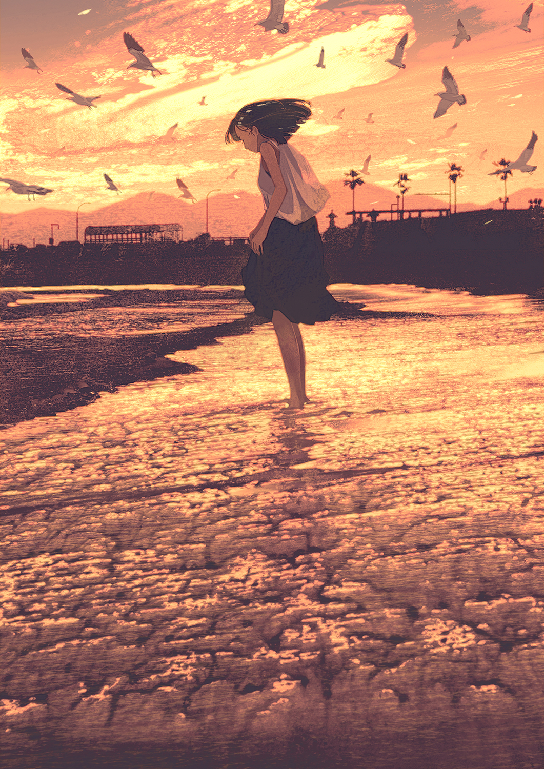 1girl bird black_skirt brown_hair evening flock gemi highres lamppost medium_hair ocean orange_sky original scenery seagull sepia shore skirt sky solo standing