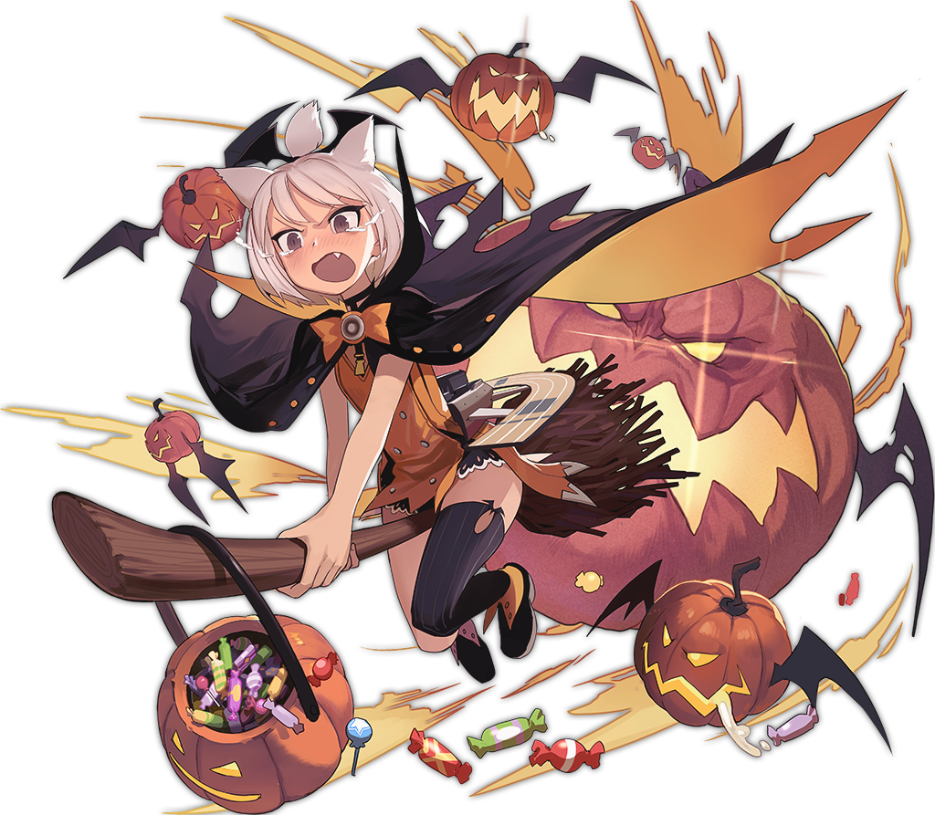 1girl :o animal_ears azur_lane bangs bare_arms basket bat_wings black_cape black_choker black_eyes black_footwear black_legwear black_wings blush bob_cut bow bowtie broom broom_riding buttons candy candy_wrapper cape cat_ears choker crying crying_with_eyes_open dress eyebrows eyelashes fang fingernails flat_chest flight_deck food full_body halloween halloween_costume jack-o'-lantern jong_tu lollipop looking_away machinery nose_blush official_art open_mouth orange_bow orange_dress orange_neckwear perspective pumpkin saliva shoes short_dress short_hair shouhou_(azur_lane) single_thighhigh solo sparkle star striped striped_legwear tachi-e tears thigh-highs tongue topknot torn_cape torn_clothes transparent_background v-shaped_eyebrows vertical-striped_legwear vertical_stripes white_hair wings zettai_ryouiki