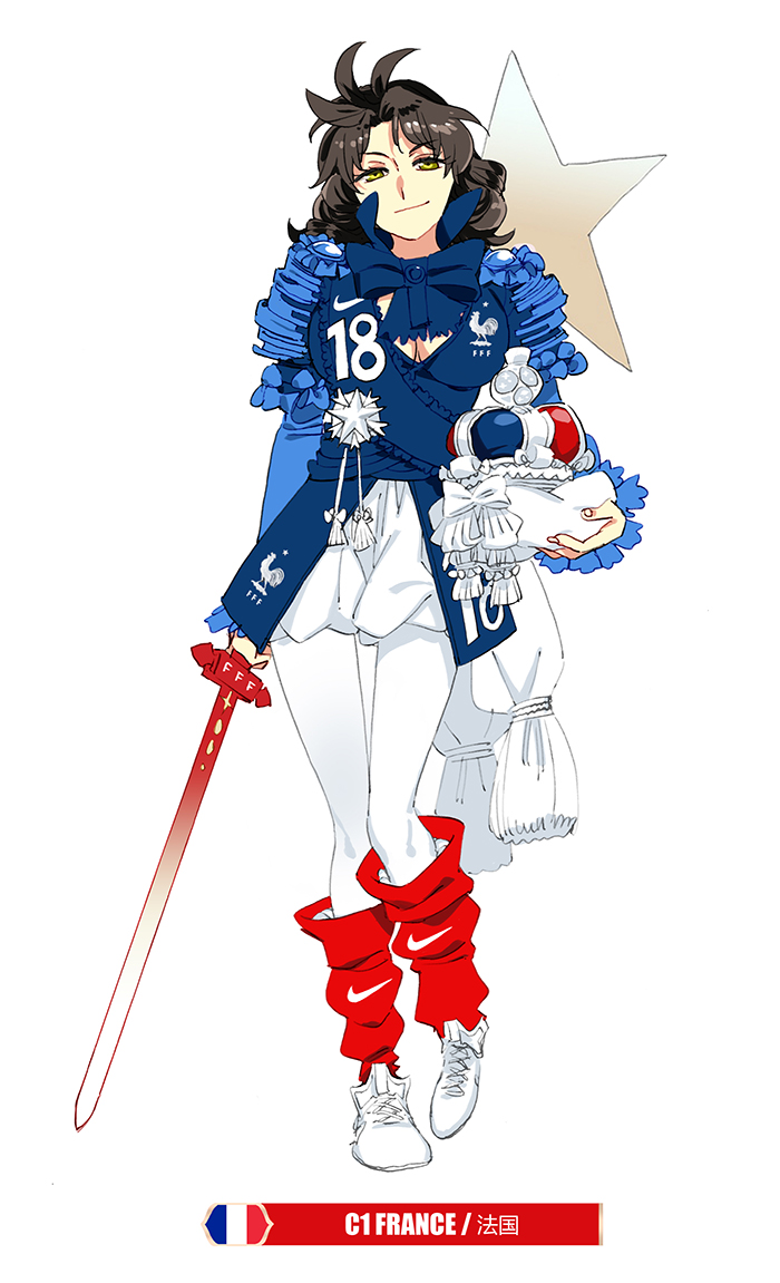 1girl 2018_fifa_world_cup adapted_uniform ahoge bow breasts brown_hair cleavage commentary_request crown cup cushion daibajoujisan france original pants scarf smile soccer soccer_uniform socks solo sportswear star sword weapon white_background white_footwear white_pants world_cup yellow_eyes