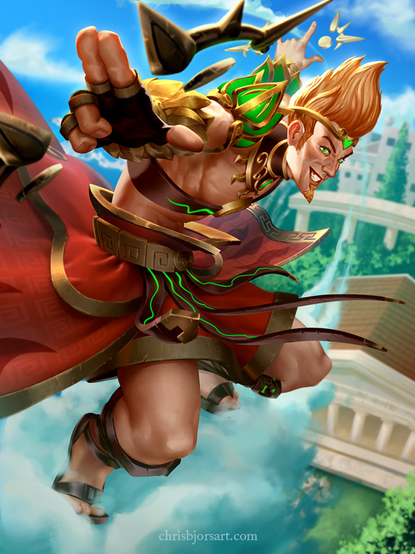 1boy abs alternate_costume apollo_(smite) beard blonde_hair chris_bjors circlet facial_hair fingerless_gloves gloves green_eyes jewelry male_focus necklace official_art sandals shirtless sky smite solo teeth tree