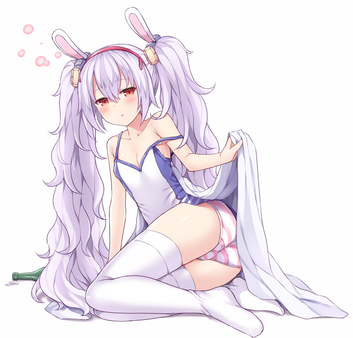 1girl animal_ears ass azur_lane blanket blush bottle breasts camisole collarbone commentary_request fake_animal_ears full_body hair_ornament hairband hasu_(hk_works) laffey_(azur_lane) long_hair looking_at_viewer off_shoulder panties parted_lips rabbit_ears red_eyes simple_background small_breasts solo striped striped_panties thigh-highs twintails underwear white_background white_legwear