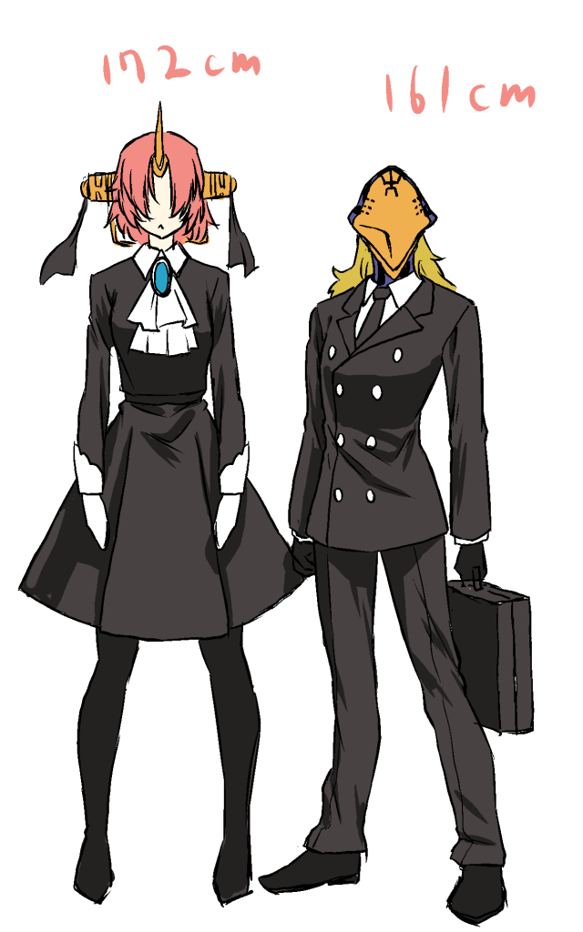 1boy 1girl alternate_costume avicebron_(fate) black_dress black_gloves blonde_hair cosplay dress facing_viewer fate/apocrypha fate/grand_order fate_(series) formal frankenstein's_monster_(fate) gloves hair_over_eyes height_difference holding horn kohige long_hair long_sleeves mask parody pink_hair r_dorothy_wayneright r_dorothy_wayneright_(cosplay) roger_smith roger_smith_(cosplay) short_hair standing suit suitcase the_big_o white_background white_gloves