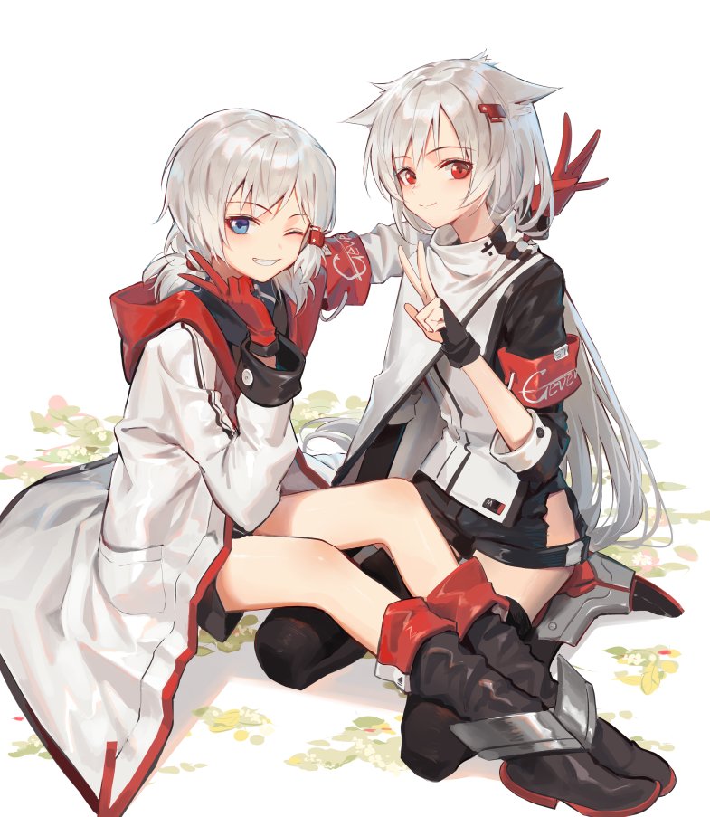 2girls azur_lane black_gloves blue_eyes blush closed_mouth denver_(azur_lane) eyebrows_visible_through_hair fingerless_gloves gloves grey_hair huanxiang_heitu looking_at_viewer montpelier_(azur_lane) multiple_girls one_eye_closed parted_lips red_eyes red_gloves seiza sitting smile teeth v