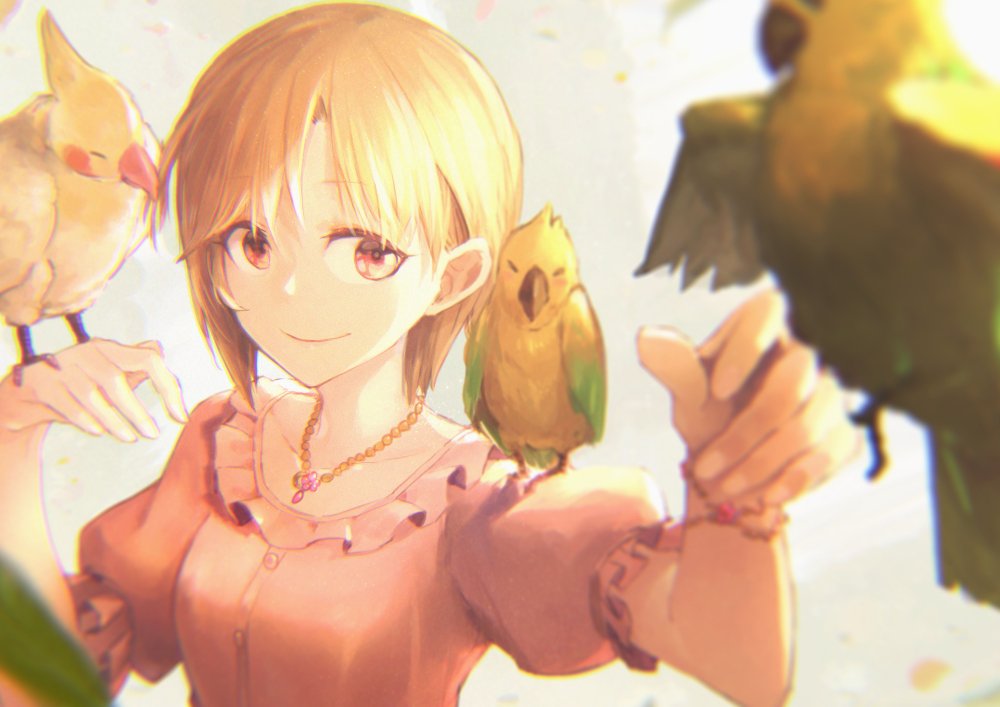 1girl aiba_yumi animal animal_on_shoulder bird bird_on_hand bird_on_shoulder blonde_hair blouse brown_eyes collar collarbone commentary_request frilled_collar frilled_sleeves frills holysnow idolmaster idolmaster_cinderella_girls jewelry necklace parakeet parrot puffy_short_sleeves puffy_sleeves short_hair short_sleeves simple_background smile upper_body