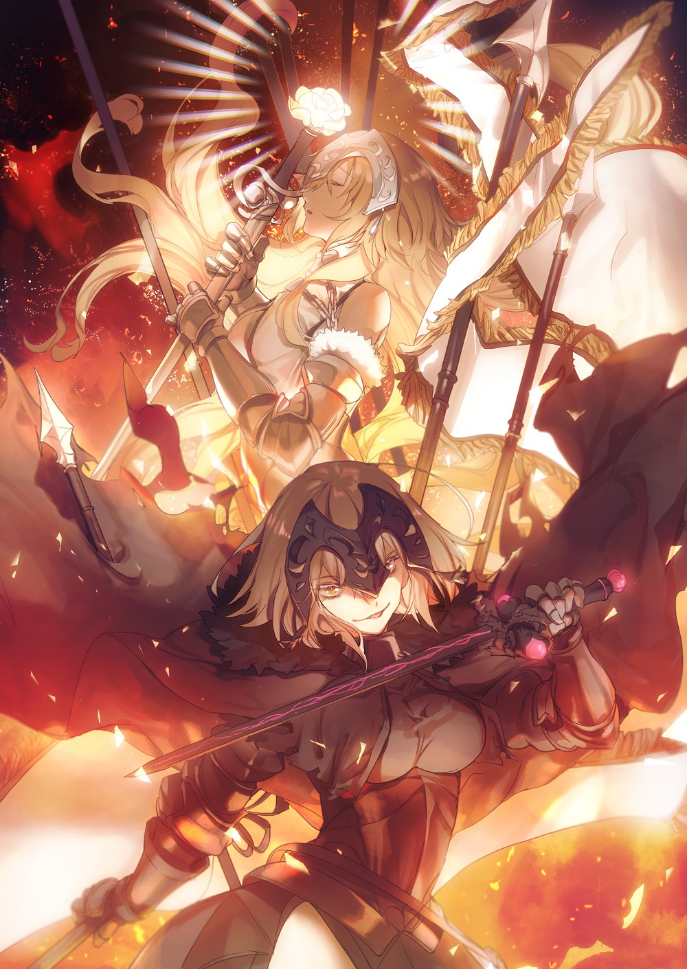 2girls armor armored_dress bare_shoulders black_dress blonde_hair breasts chains closed_eyes dress dual_wielding eyebrows_visible_through_hair fate/apocrypha fate/grand_order fate_(series) faulds flag flower from_side fur_trim gauntlets glowing_flower headpiece highres holding holding_flag holding_sword holding_weapon jeanne_d'arc_(alter)_(fate) jeanne_d'arc_(fate) jeanne_d'arc_(fate)_(all) large_breasts long_hair multiple_girls no-kan open_mouth plackart silver_hair smirk sword very_long_hair weapon white_dress yellow_eyes