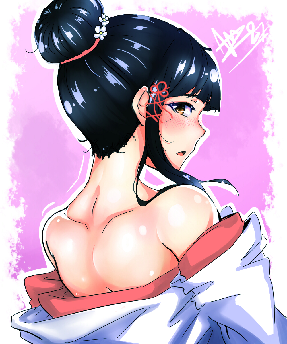 1girl back bangs black_hair blunt_bangs blush chinese_knot hair_bun hair_tie highres japanese_clothes kimono kuonji_shizuka looking_at_viewer looking_back nape neck off_shoulder open_mouth partially_undressed pink_background short_hair_with_long_locks sidelocks signature solo tied_hair tokyo_7th_sisters upper_body white_background yakimi_27 yellow_eyes