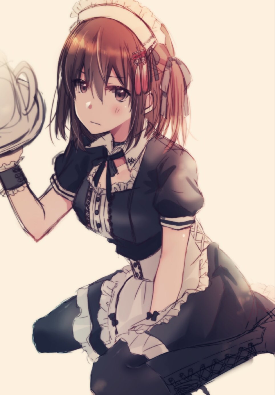 1girl alternate_costume apron between_legs black_neckwear black_ribbon breasts brown_eyes brown_hair closed_mouth enmaided grey_background hair_between_eyes hair_ornament hand_between_legs highres kantai_collection looking_at_viewer maid maid_headdress neck_ribbon pantyhose puffy_short_sleeves puffy_sleeves ribbon rinto_(rint_rnt) sendai_(kantai_collection) short_sleeves simple_background sitting solo tassel teapot tray two_side_up waist_apron wariza white_apron