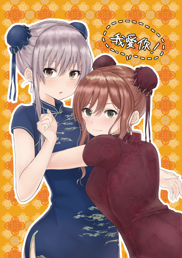 2girls alternate_costume alternate_hairstyle bang_dream! blue_dress brown_eyes brown_hair china_dress chinese_clothes cloud_print double_bun drawstring dress drop_earrings earrings green_eyes grey_hair hand_up hug imai_lisa jewelry looking_at_viewer minato_yukina multiple_girls orange_background red_dress short_hair_with_long_locks side_slit sidelocks t7s-kuroro translation_request wavy_hair whorled_clouds