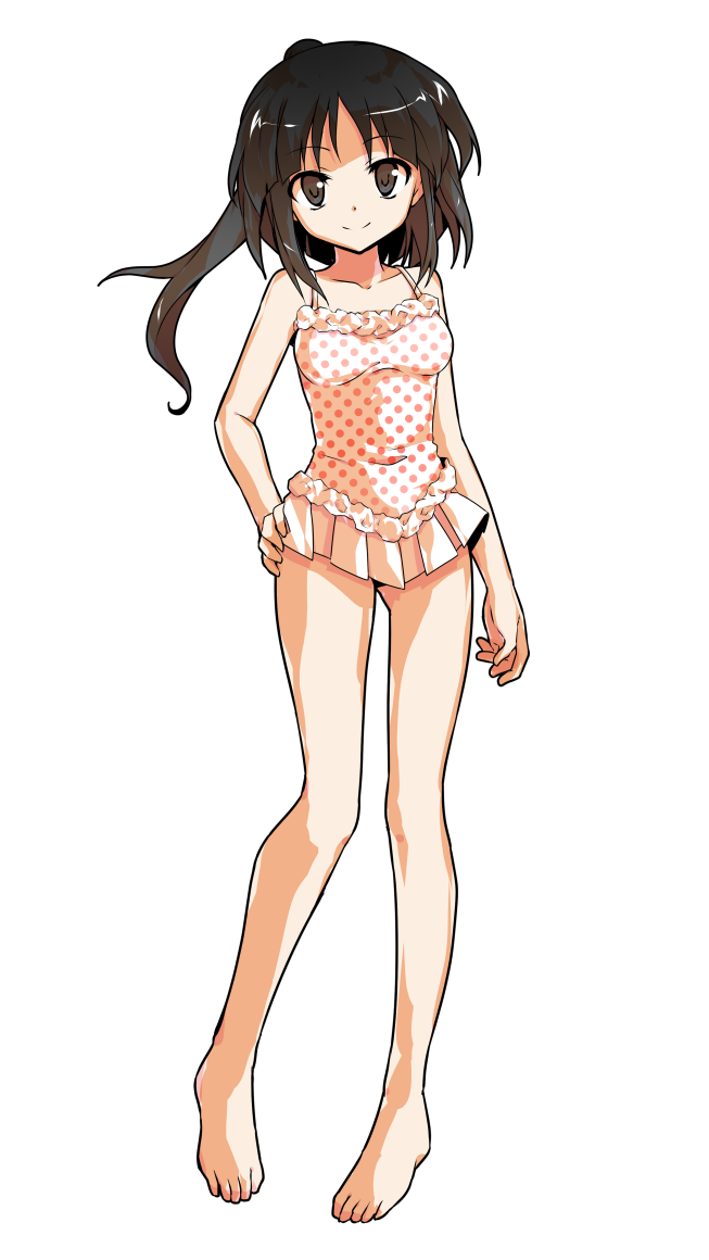 1girl alphes_(style) alternate_costume bangs bare_arms bare_legs bare_shoulders barefoot black_eyes black_hair breasts casual_one-piece_swimsuit closed_mouth collarbone dairi eyebrows eyebrows_visible_through_hair hair_up hakurei_reimu hand_on_hip legs_apart looking_at_viewer medium_breasts one-piece_swimsuit parody polka_dot polka_dot_swimsuit ponytail shiny shiny_hair silent_sinner_in_blue smile solo standing style_parody swimsuit tachi-e touhou white_swimsuit