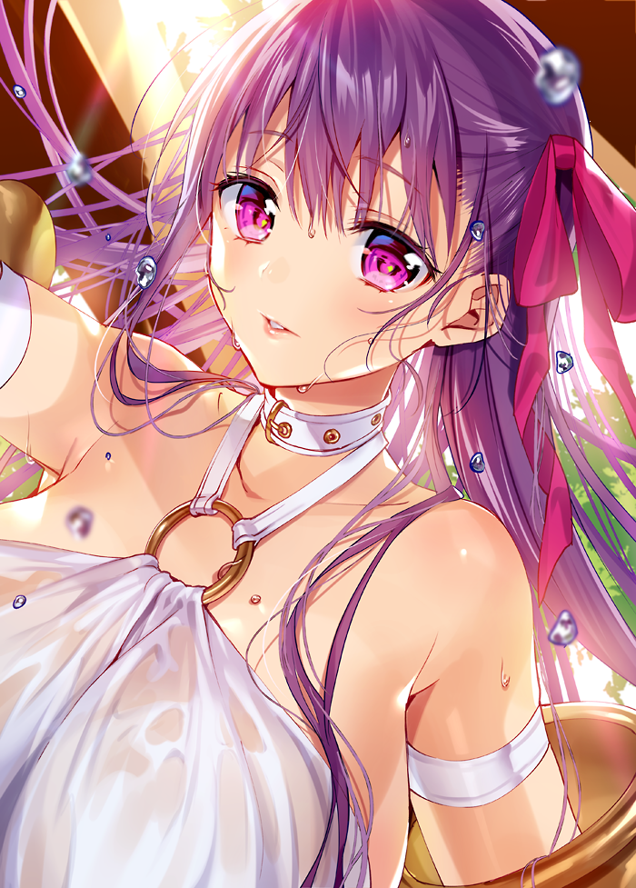 1girl armlet bangs bare_shoulders belt_collar breasts collarbone commentary eyebrows_visible_through_hair fate/grand_order fate_(series) hair_between_eyes hair_ribbon huge_breasts murakami_yuichi o-ring o-ring_top outdoors passion_lip pink_eyes pink_ribbon purple_hair pursed_lips revealing_clothes ribbon see-through violet_eyes
