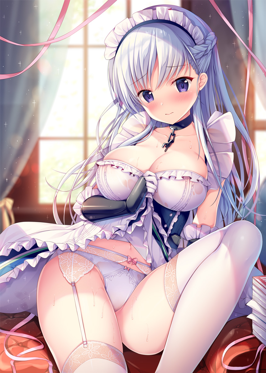 1girl apron azur_lane belchan_(azur_lane) belfast_(azur_lane) blue_dress blurry blurry_background blush book_stack bow bow_panties braid breasts chains cleavage closed_mouth collar collarbone curtains day depth_of_field dress dress_lift elbow_gloves embarrassed eyebrows_visible_through_hair garter_belt garter_straps gauntlets gloves hand_up head_tilt highres indoors large_breasts lifted_by_self long_hair looking_at_viewer maid maid_headdress medium_breasts navel panties pink_ribbon ribbon see-through silver_hair sitting solo sousouman sparkle sweat thigh-highs underwear very_long_hair violet_eyes wet wet_clothes white_gloves white_legwear white_panties window