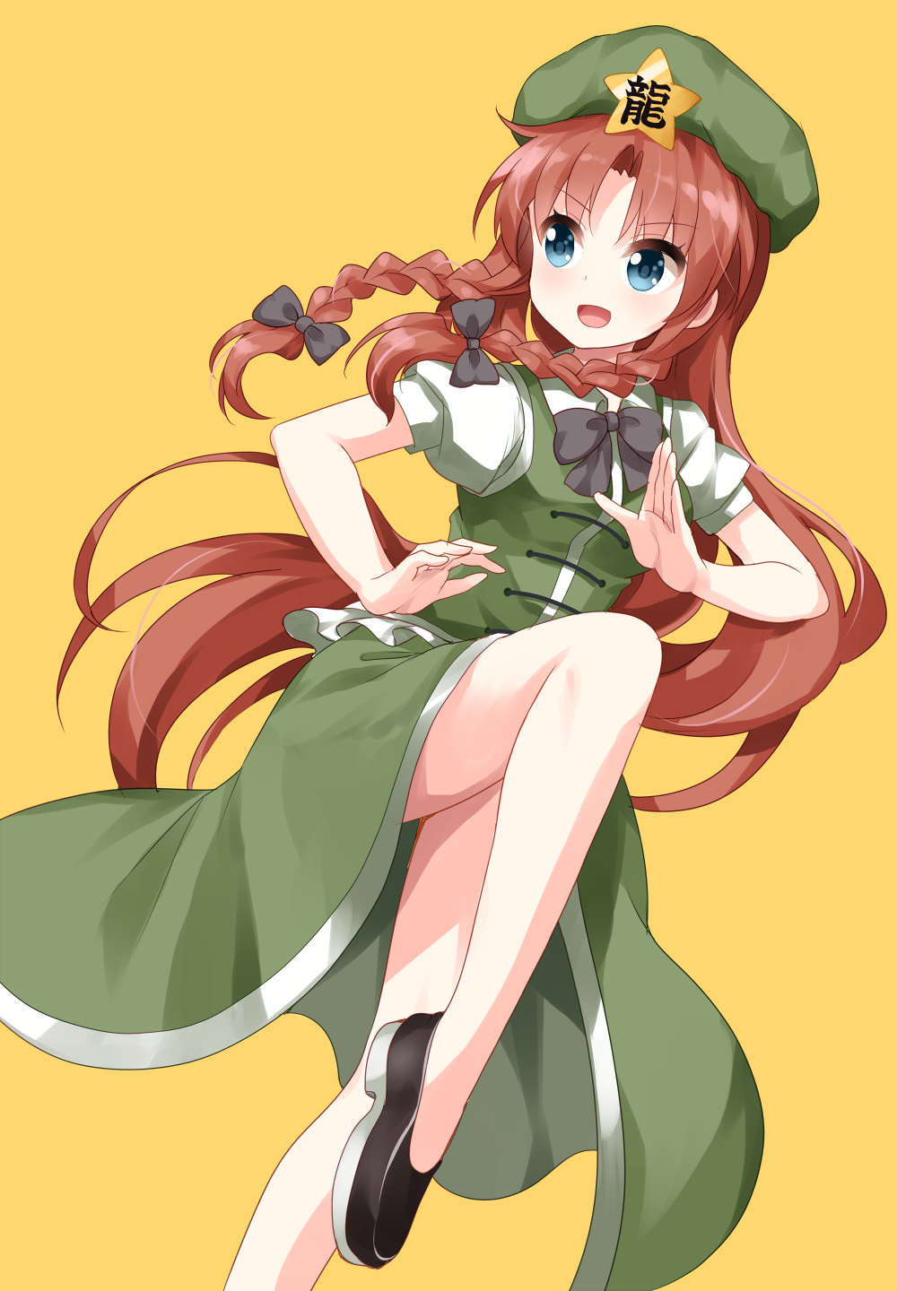 1girl :d bangs bare_legs black_footwear black_neckwear black_ribbon blue_eyes braid chinese_clothes eyebrows_visible_through_hair fighting_stance flat_cap foot_out_of_frame green_skirt green_vest hair_between_eyes hair_ribbon hat highres hong_meiling leg_lift long_hair looking_to_the_side open_hand open_mouth parted_bangs puffy_short_sleeves puffy_sleeves redhead ribbon ruu_(tksymkw) shirt short_sleeves simple_background skirt smile solo standing standing_on_one_leg star touhou tress_ribbon twin_braids very_long_hair vest white_shirt yellow_background