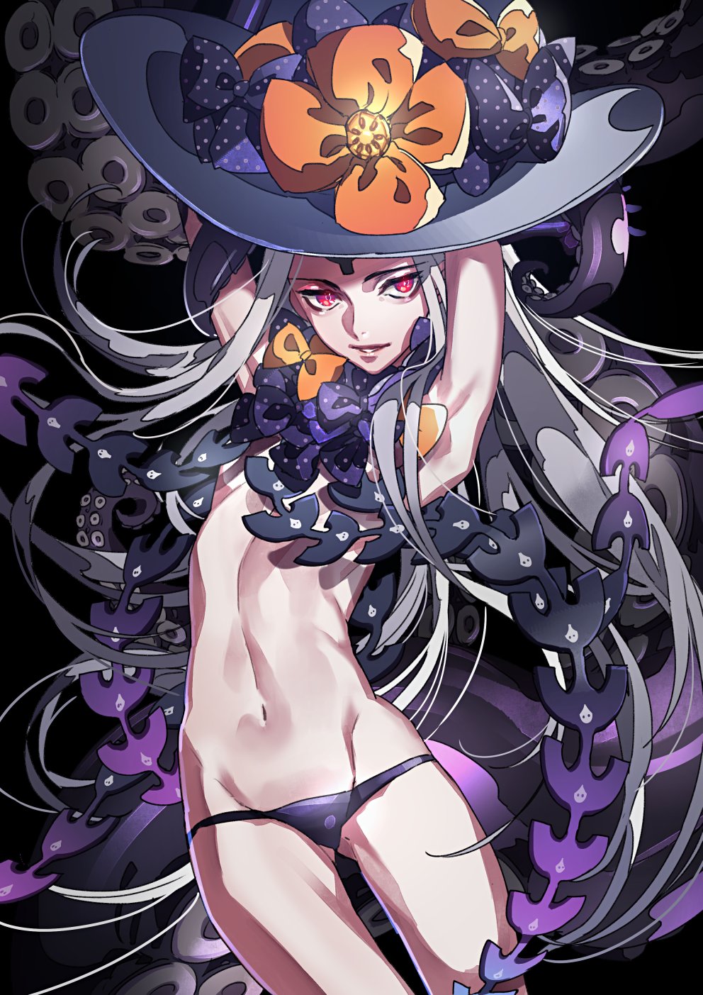 1girl abigail_williams_(fate/grand_order) armpits black_background black_bow black_panties bow breasts cowboy_shot fate/grand_order fate_(series) grey_hair hands_up hat hat_bow highres long_hair looking_at_viewer navel orange_bow panties parted_lips polka_dot polka_dot_bow red_eyes revealing_clothes small_breasts smile solo suction_cups tenobe tentacle underwear very_long_hair