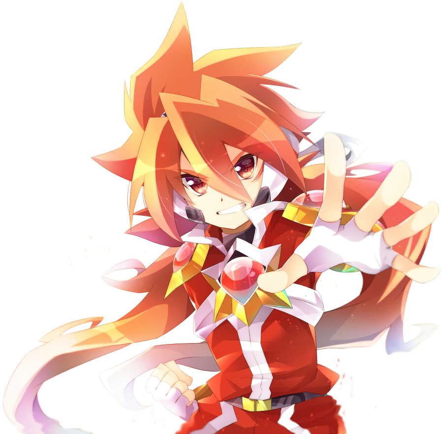 1boy belt belt_buckle buckle clenched_hand fingerless_gloves gloves grin headset looking_at_viewer orange_hair outstretched_hand pants red_eyes red_pants red_shirt rento_(rukeai) saikyou_ginga_ultimate_zero_~battle_spirits~ shirt simple_background smile solo spiky_hair white_background white_gloves zero_the_burning