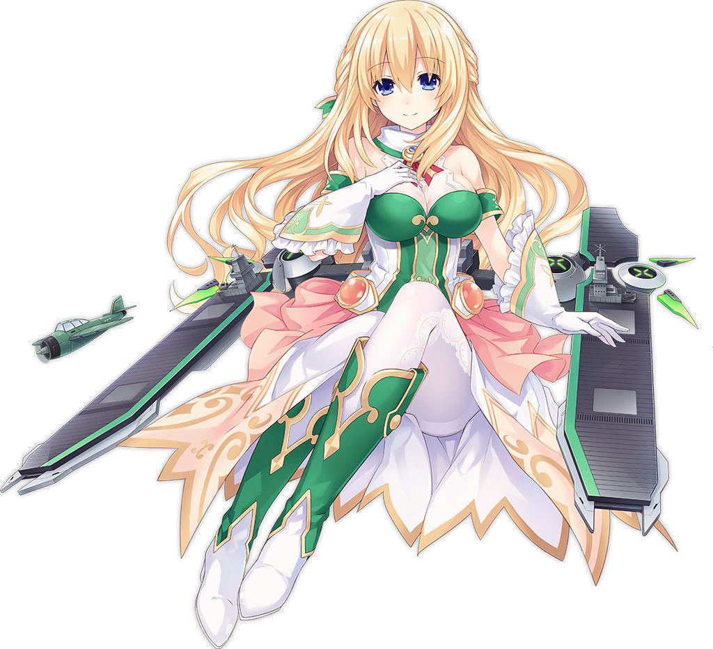 1girl aircraft airplane azur_lane bangs bare_shoulders blonde_hair blue_eyes blush boots breasts cleavage closed_mouth diamond_(shape) dot_nose dress eyebrows eyebrows_visible_through_hair flight_deck frilled_gloves frills full_body gem gloves hair_between_eyes hand_on_own_chest large_breasts long_hair looking_at_viewer machinery multicolored multicolored_clothes multicolored_dress multicolored_footwear neptune_(series) official_art pantyhose red_ribbon ribbon sidelocks sitting smile solo striped striped_ribbon tachi-e transparent_background tsunako vert white_gloves white_legwear
