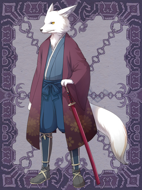 1other androgynous armored_boots blue_kimono blue_pants boots closed_mouth coat commentary_request full_body furry haori holding holding_sword holding_weapon japanese_clothes katana kerberos_blade kimono long_sleeves looking_at_viewer natsuya_(kuttuki) pants purple_background red_coat sheath sheathed solo standing sword weapon wide_sleeves wolf yellow_eyes