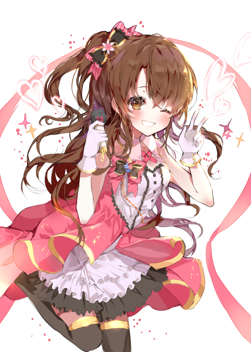 1girl :d b_rock black_bow black_legwear black_skirt bow brown_hair commentary_request dress flower gloves hair_bow hair_flower hair_ornament hand_up heart holding idolmaster idolmaster_cinderella_girls idolmaster_cinderella_girls_starlight_stage long_hair looking_at_viewer microphone one_eye_closed one_side_up open_mouth pink_bow pink_flower shimamura_uzuki skirt smile solo stage_of_magic standing standing_on_one_leg thigh-highs w white_gloves