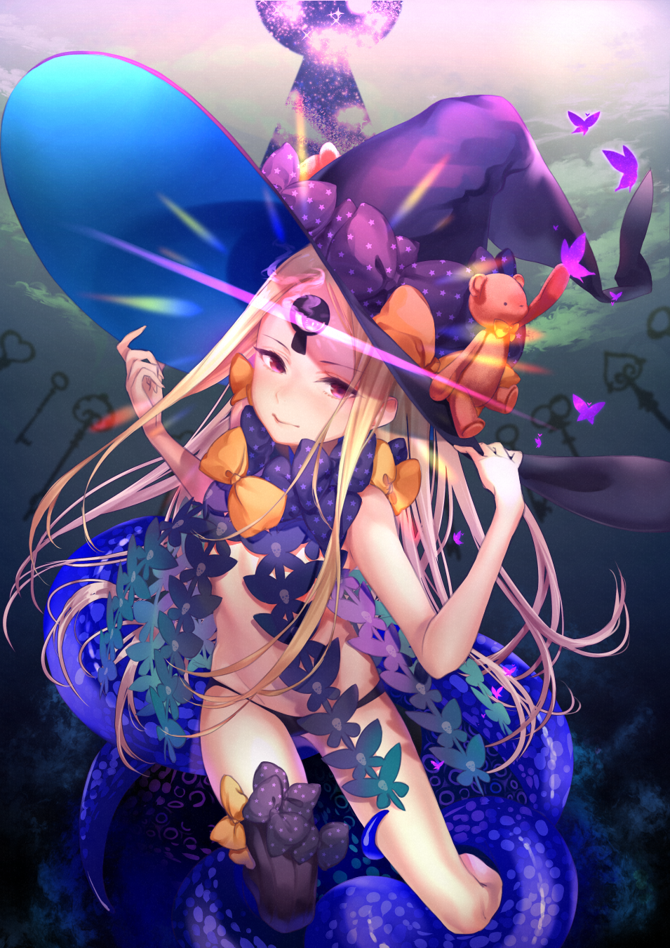 abigail_williams_(fate/grand_order) black_bow black_dress black_legwear black_panties blonde_hair bow bow_legwear bug butterfly dress fate/grand_order fate_(series) from_above full_body fumizuki glowing glowing_eye hand_on_headwear hat hat_bow highres insect key keyhole long_hair looking_at_viewer mary_janes navel orange_bow panties pixiv_fate/grand_order_contest_2 purple_hat revealing_clothes shadow shoes single_thighhigh sitting skull_print star star_print stuffed_animal stuffed_toy teddy_bear tentacle thigh-highs third_eye underwear very_long_hair violet_eyes witch_hat