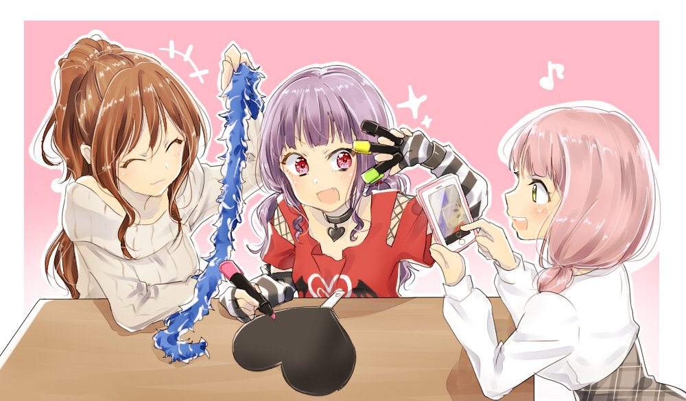 +++ 3girls :d ^_^ bang_dream! bangs between_fingers brown_hair cellphone closed_eyes commentary_request elbow_gloves feather_boa fingerless_gloves gloves gradient gradient_background grey_sweater half_updo heart heart_print high-waist_skirt holding holding_phone imai_lisa long_hair long_sleeves low_twintails marker muchise multiple_girls musical_note open_mouth outline phone pink_background pink_hair plaid plaid_skirt purple_hair red_eyes red_shirt ribbed_sweater shirt shoulder_cutout skirt smartphone smile sparkle striped striped_gloves sweater table taking_picture twintails udagawa_ako uehara_himari white_outline white_shirt