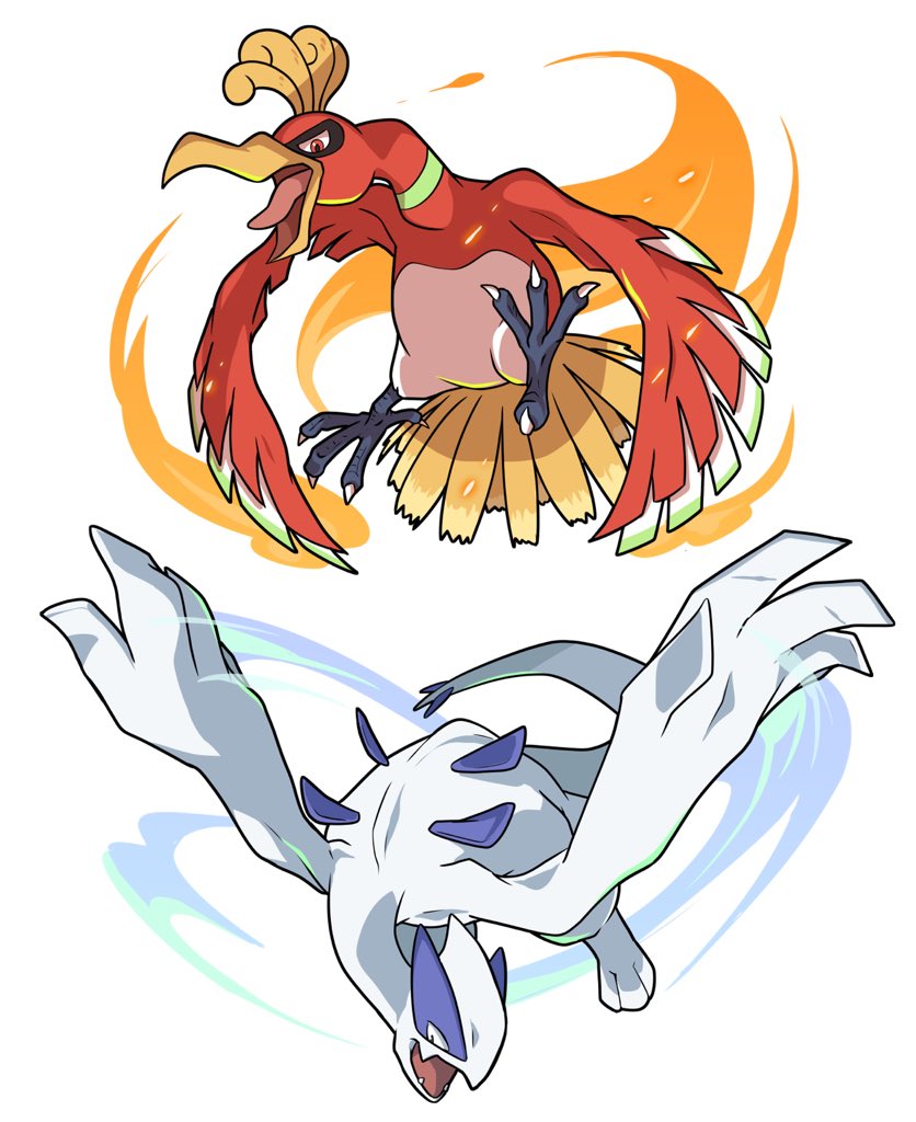 bird commentary_request fangs ho-oh lugia no_humans open_mouth orange_eyes pokemon pokemon_(creature) poyo_party talons toes tongue white_background