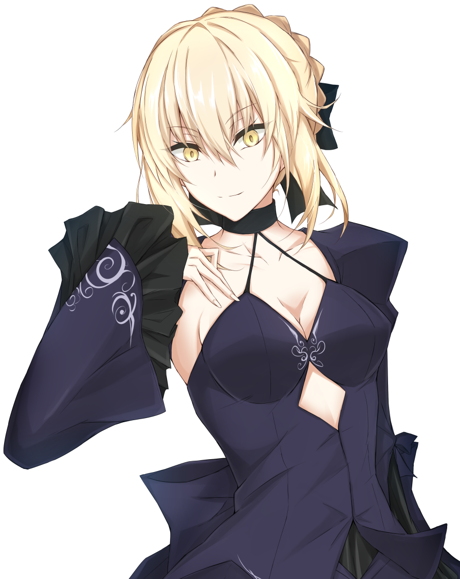 1girl artoria_pendragon_(all) black_choker black_dress black_ribbon blonde_hair breasts choker cleavage collarbone commentary_request dress fate/grand_order fate_(series) frills gothic_lolita hair_between_eyes hair_ribbon hand_on_own_chest hand_up juliet_sleeves lolita_fashion long_sleeves looking_at_viewer medium_breasts piro_(iiiiiiiiii) puffy_sleeves ribbon saber_alter short_hair simple_background smile upper_body white_background wide_sleeves yellow_eyes