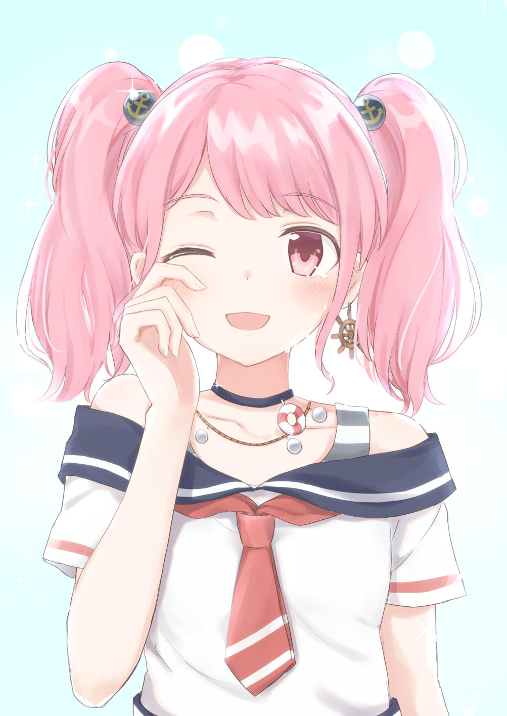 1girl ;d anchor_hair_ornament anchor_print bang_dream! blush bra_strap choker commentary_request earrings hair_ornament hand_on_own_face highres jewelry lifebuoy looking_at_viewer maruyama_aya neckerchief off-shoulder_shirt one_eye_closed open_mouth pendant pink_eyes pink_hair red_neckwear school_uniform serafuku ship's_wheel shirt short_sleeves smile solo tears twintails upper_body wiping_tears yazi114