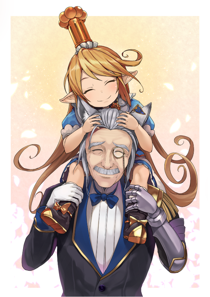 1boy 1girl ^_^ animal_ears black_footwear blonde_hair blue_bow blush boots bow bowtie charlotta_fenia closed_eyes commentary_request crown facial_hair gauntlets granblue_fantasy hinami_(hinatamizu) long_hair monocle mustache pointy_ears revision sevastian_(granblue_fantasy) silver_hair sitting_on_shoulder smile very_long_hair