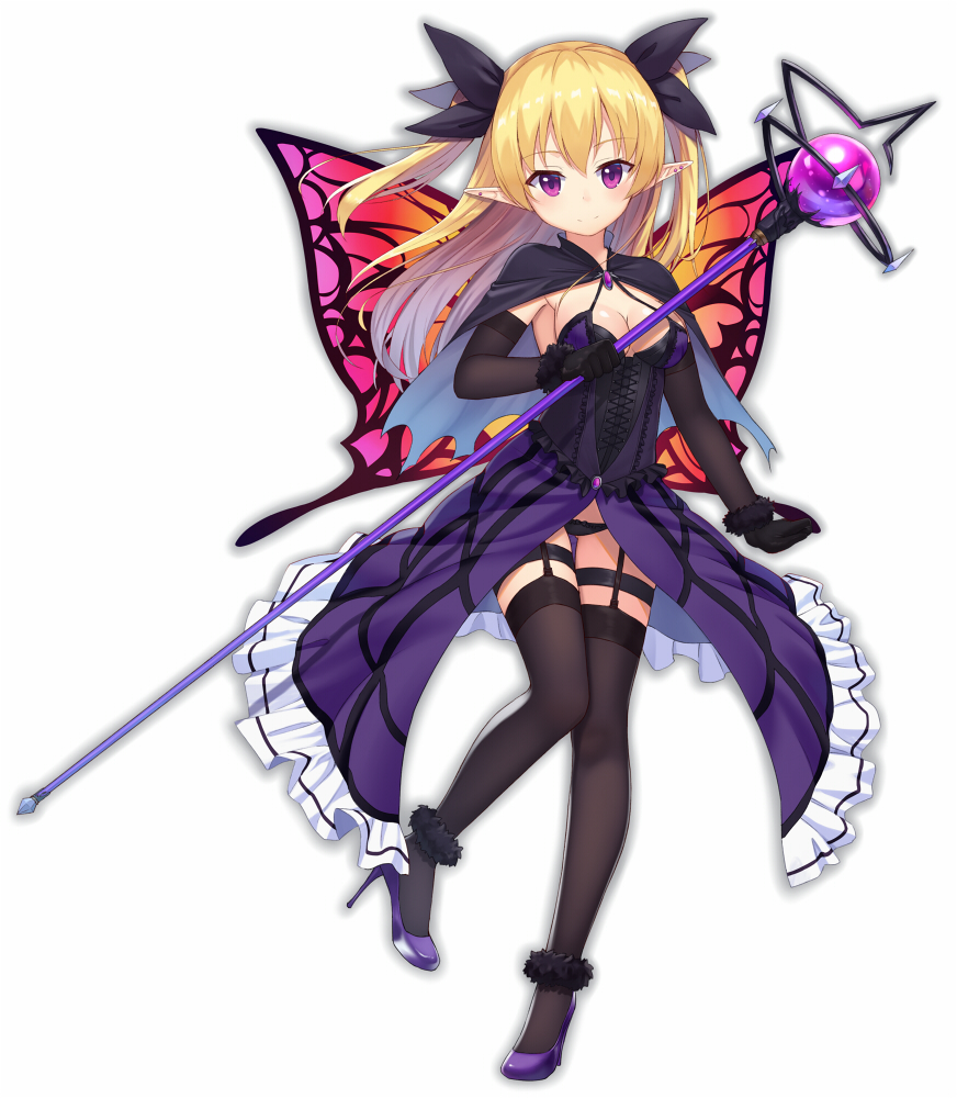 1girl bangs black_bow black_cape black_legwear black_panties blonde_hair blue_cape blush bow breasts butterfly_wings cape cleavage closed_mouth copyright_request dress eyebrows_visible_through_hair full_body hair_between_eyes hair_bow head_tilt heijialan high_heels holding holding_staff long_hair looking_at_viewer medium_breasts multicolored multicolored_cape multicolored_clothes orb panties pointy_ears purple_dress purple_footwear shoes simple_background smile solo staff standing standing_on_one_leg thigh-highs two_side_up underwear violet_eyes white_background wings