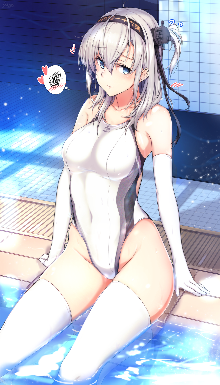 1girl black_headband breasts clothes_writing competition_swimsuit elbow_gloves gloves grey_jacket hachimaki headband heart highleg highleg_swimsuit highres jacket kantai_collection looking_at_viewer medium_breasts medium_hair one-piece_swimsuit one_side_up osterei pool poolside sitting soaking_feet solo squiggle suzutsuki_(kantai_collection) swimsuit thigh-highs thought_bubble white_gloves white_hair white_legwear white_swimsuit