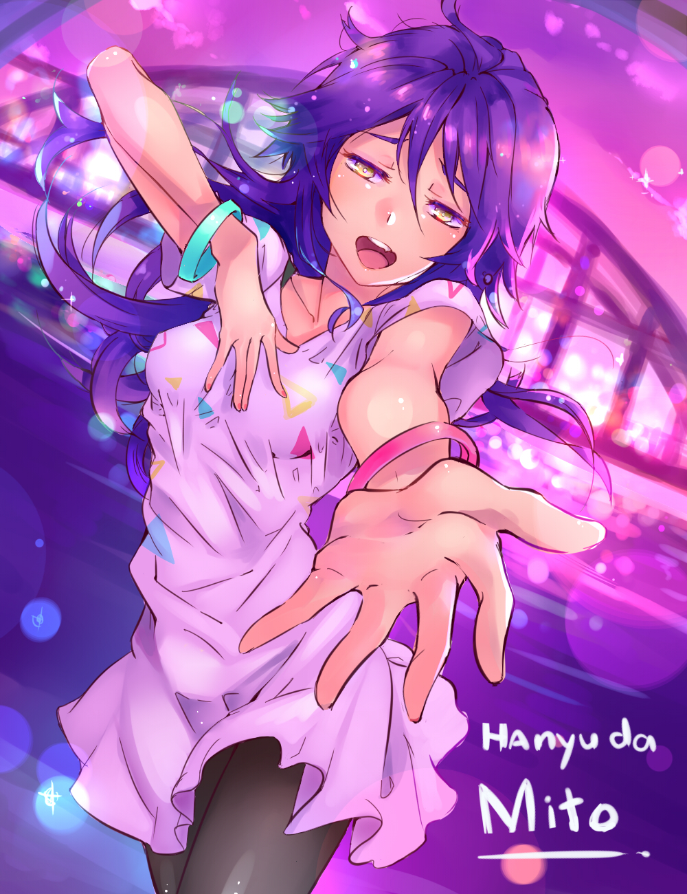1girl black_legwear blue_hair blurry bracelet bridge character_name city_lights clouds collarbone commentary depth_of_field dress hand_on_own_chest hanyuuda_mito highres jewelry location_request long_hair looking_at_viewer music open_mouth outstretched_hand pantyhose purple_sky singing solo sunset tokyo_7th_sisters white_dress yakimi_27 yellow_eyes