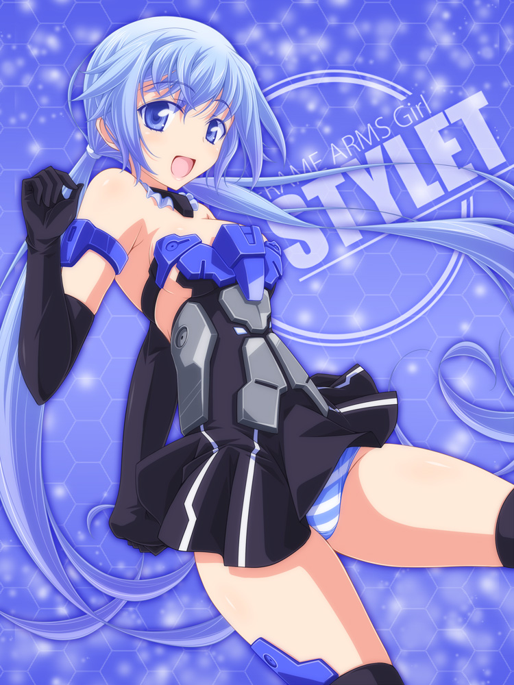 1girl :d black_dress black_footwear black_gloves blue_eyes blue_hair blue_panties boots breasts character_name closed_eyes closed_mouth collar copyright_name crotch_seam dress elbow_gloves english frame_arms_girl gloves hair_ribbon kikuchi_tsutomu medium_breasts microdress open_mouth panties pleated_dress ponytail ribbon smile solo strapless strapless_dress striped striped_panties stylet thigh-highs thigh_boots underwear white_ribbon